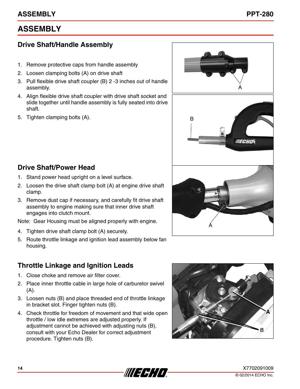 Assembly, Drive shaft/handle assembly, Drive shaft/power head | Throttle linkage and ignition leads, Assembly ppt-280 | Echo PPT-280 Serial E08612005942 - E08612999999 User Manual | Page 14 / 40