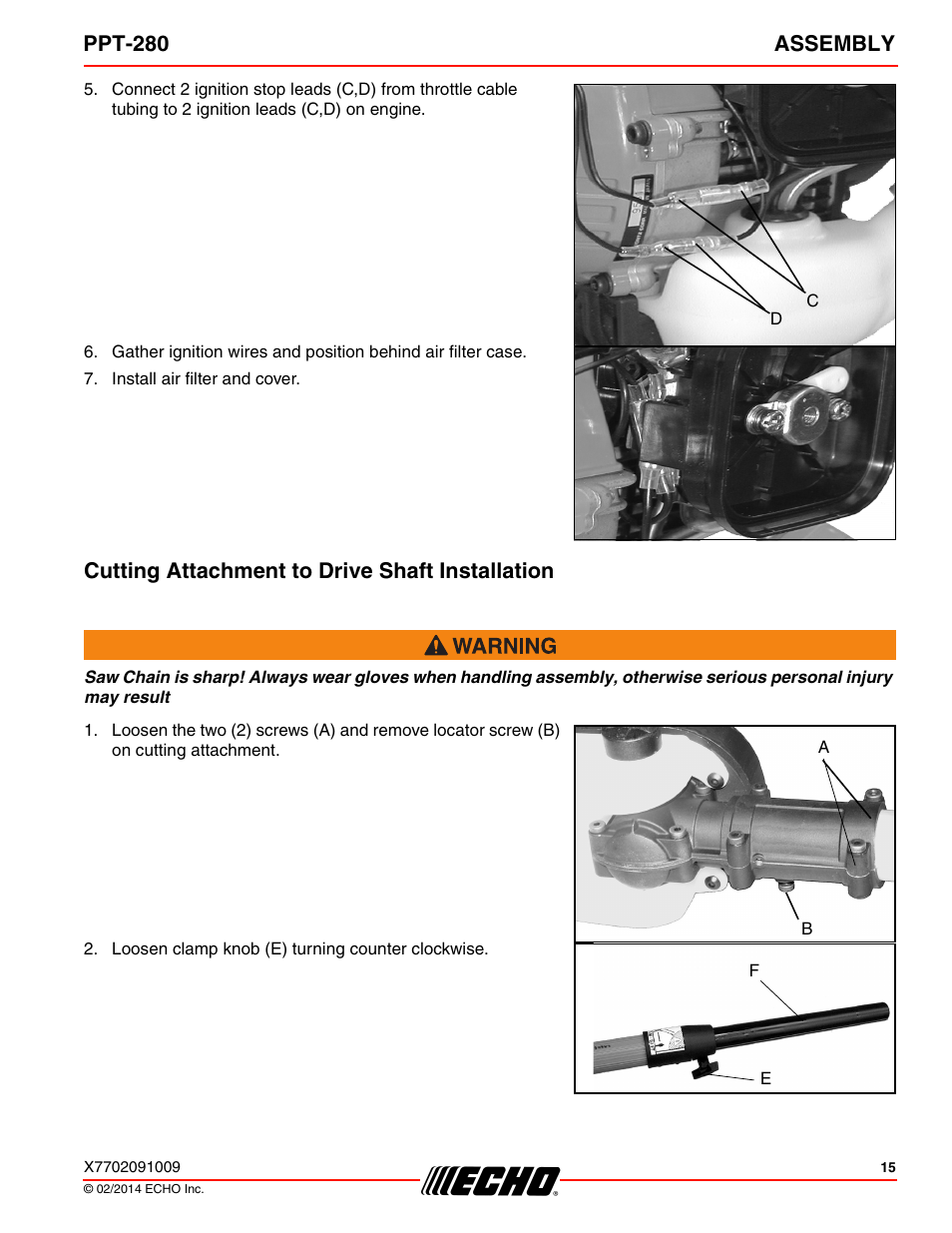 Cutting attachment to drive shaft installation, Ppt-280 assembly | Echo PPT-280 Serial E08612005942 - E08612999999 User Manual | Page 15 / 40