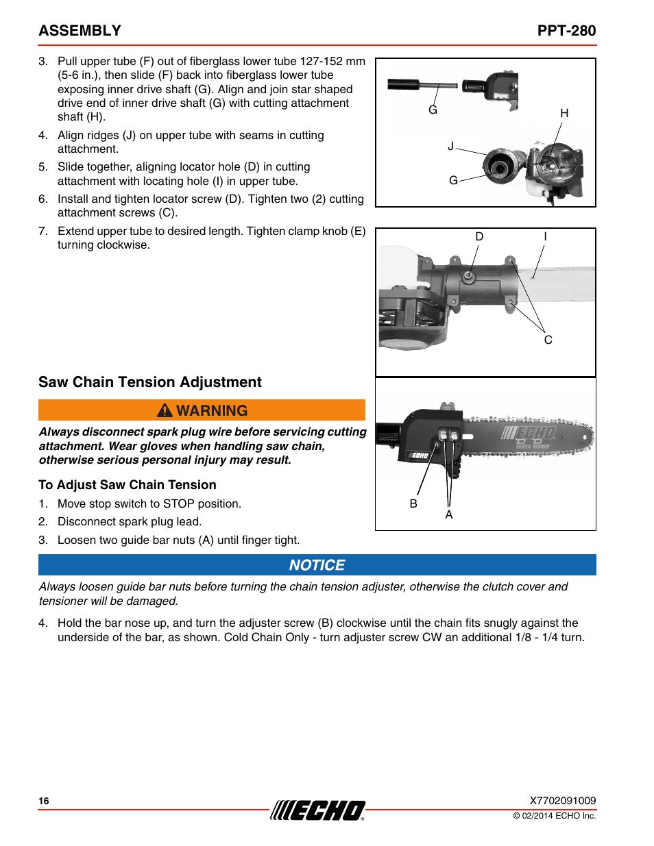 Saw chain tension adjustment, To adjust saw chain tension, Assembly ppt-280 | Echo PPT-280 Serial E08612005942 - E08612999999 User Manual | Page 16 / 40