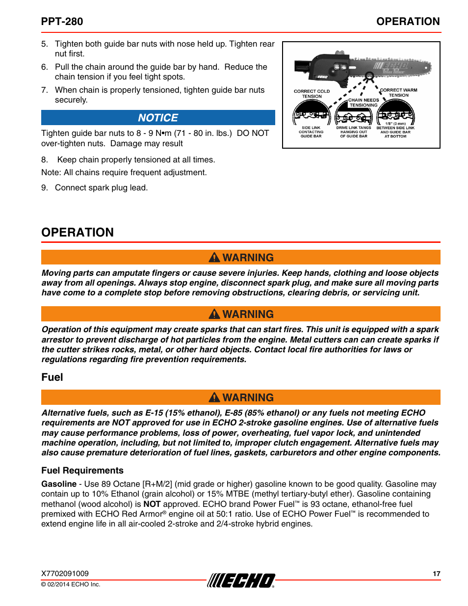 Operation, Fuel, Fuel requirements | Ppt-280 operation | Echo PPT-280 Serial E08612005942 - E08612999999 User Manual | Page 17 / 40