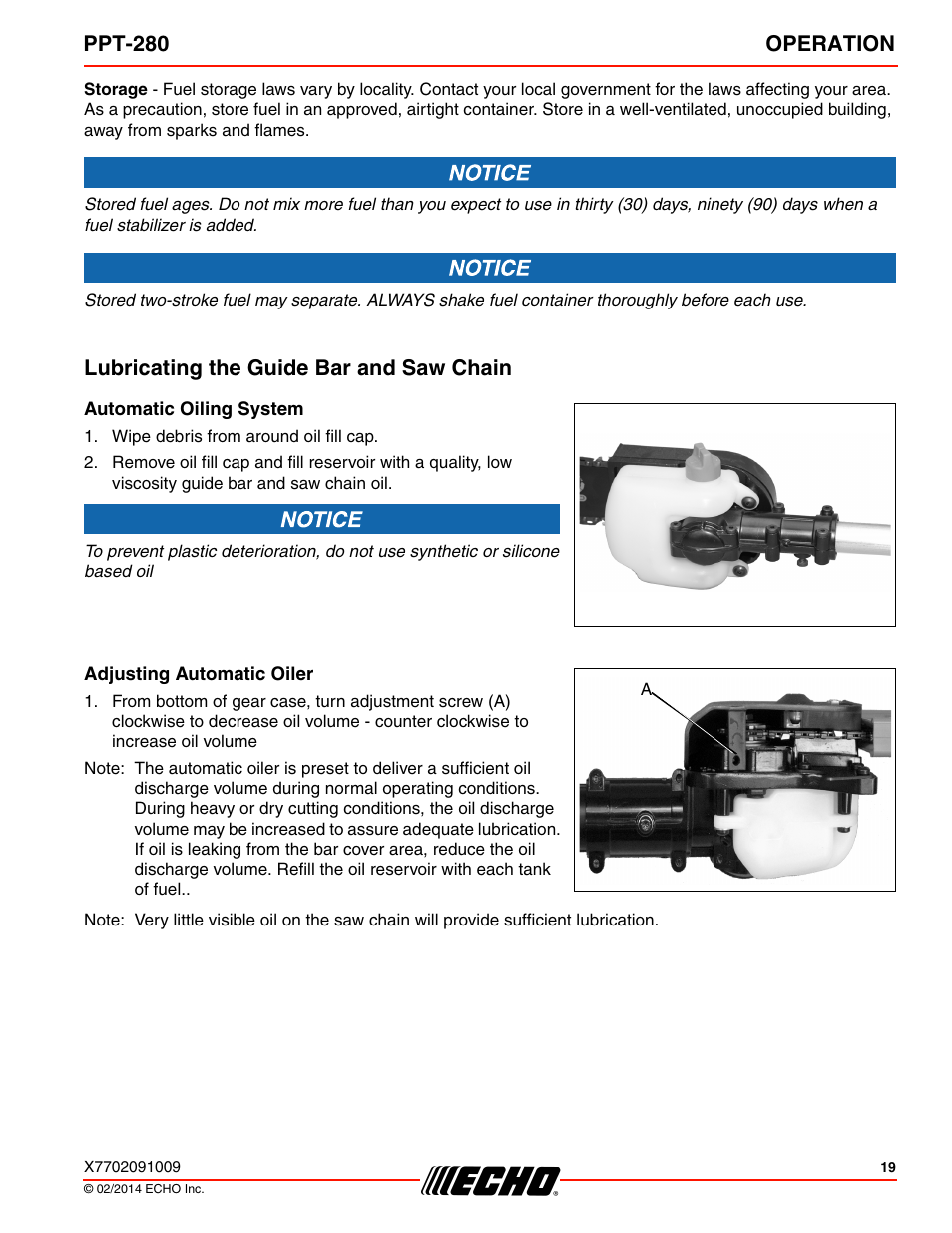Lubricating the guide bar and saw chain, Automatic oiling system, Adjusting automatic oiler | Ppt-280 operation | Echo PPT-280 Serial E08612005942 - E08612999999 User Manual | Page 19 / 40
