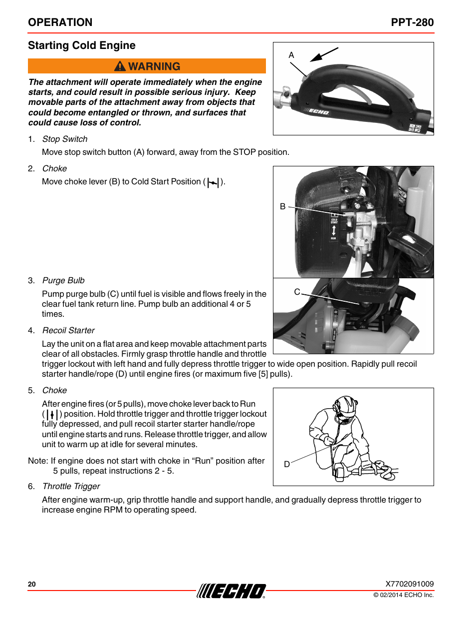 Starting cold engine, Operation ppt-280 starting cold engine | Echo PPT-280 Serial E08612005942 - E08612999999 User Manual | Page 20 / 40