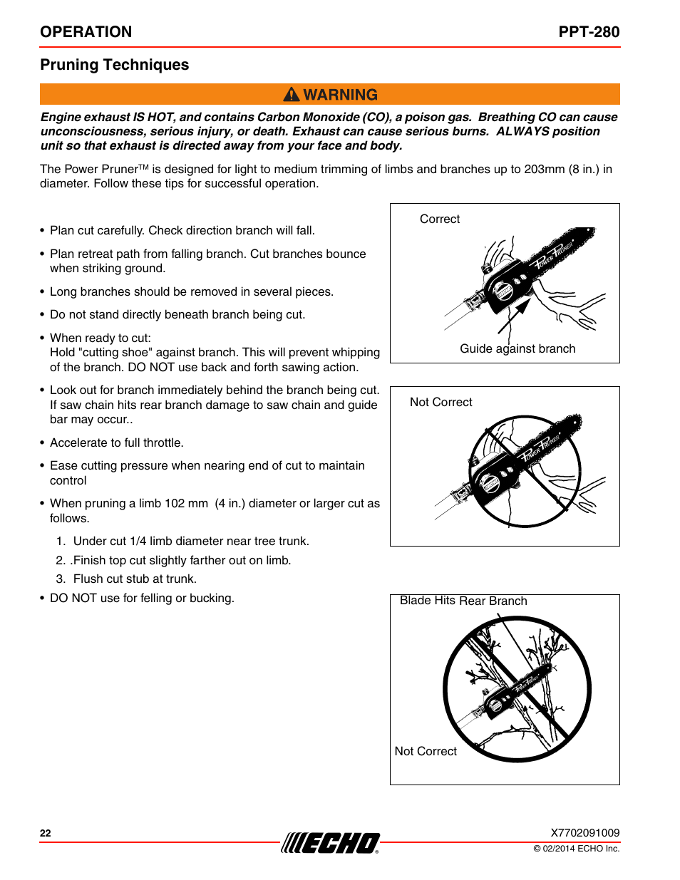 Pruning techniques, Operation ppt-280 pruning techniques | Echo PPT-280 Serial E08612005942 - E08612999999 User Manual | Page 22 / 40