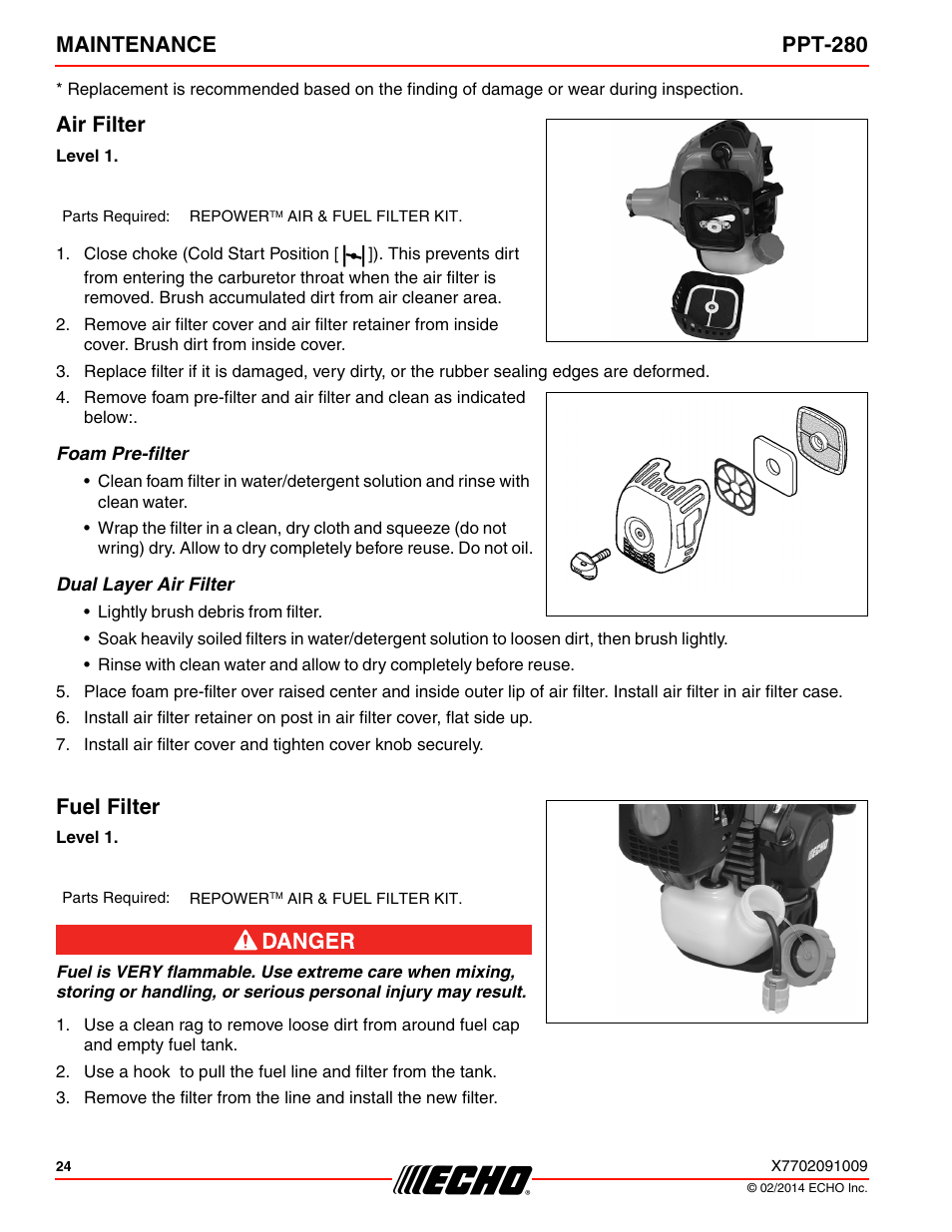 Air filter, Foam pre-filter, Dual layer air filter | Fuel filter, Air filter fuel filter, Maintenance ppt-280 | Echo PPT-280 Serial E08612005942 - E08612999999 User Manual | Page 24 / 40