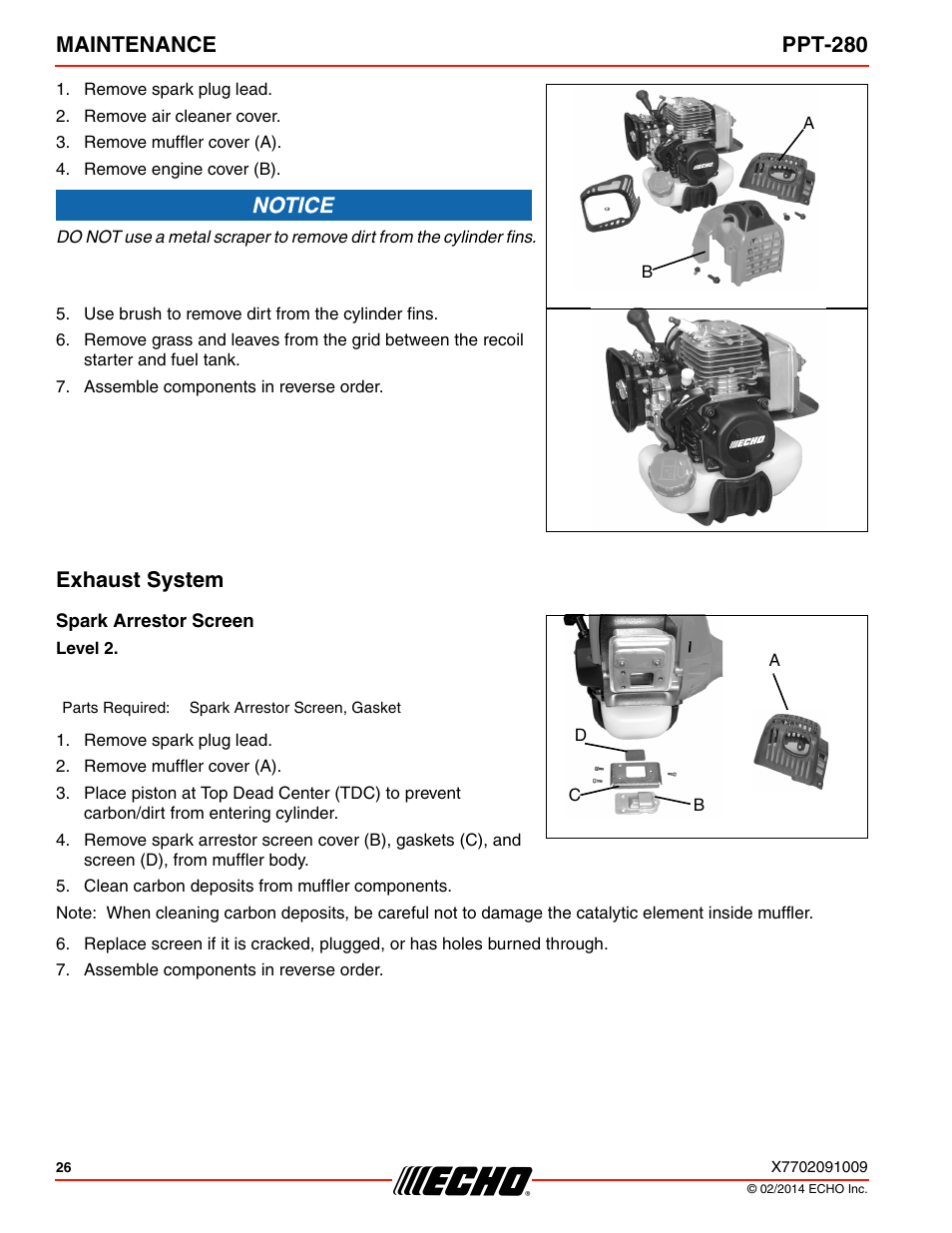 Exhaust system, Spark arrestor screen, Maintenance ppt-280 | Echo PPT-280 Serial E08612005942 - E08612999999 User Manual | Page 26 / 40