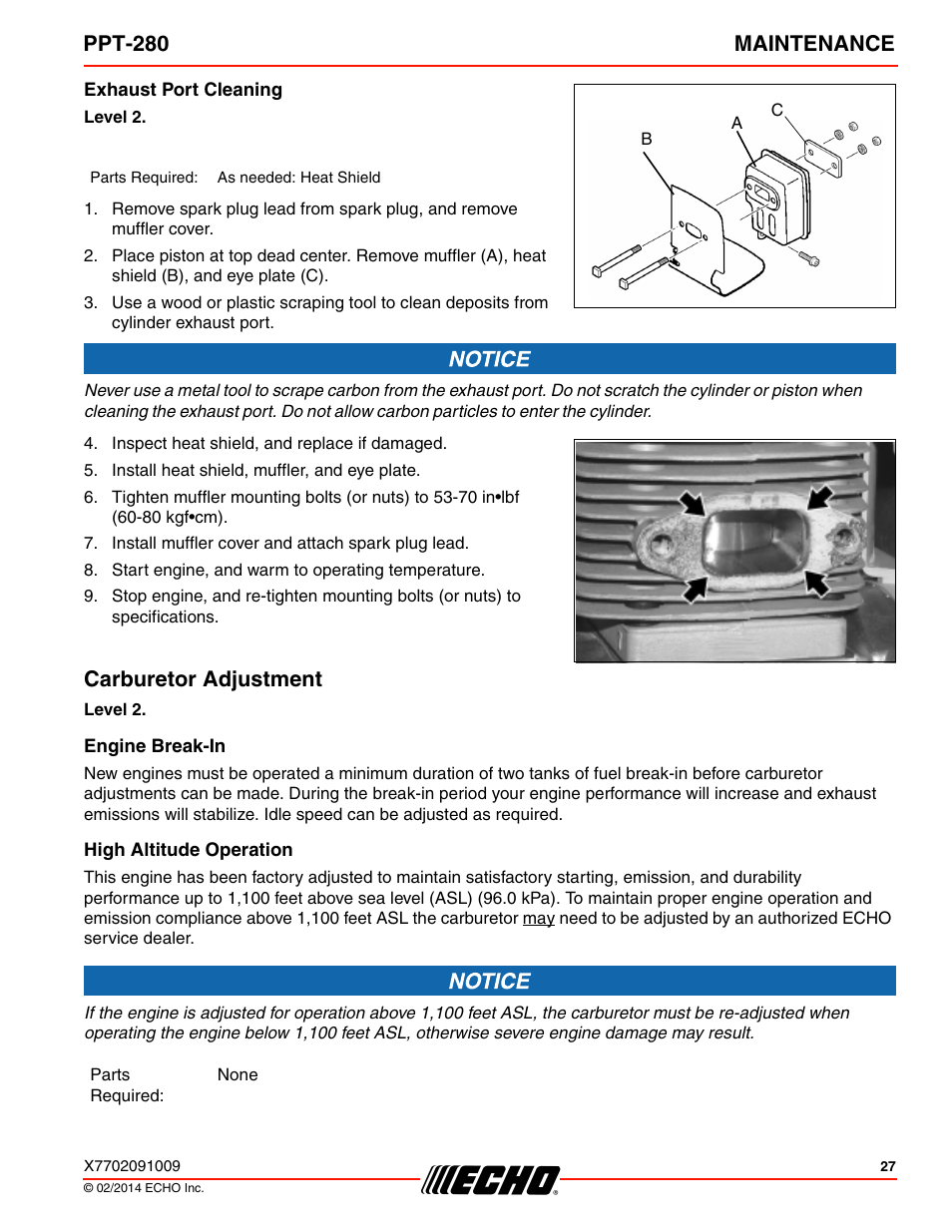 Exhaust port cleaning, Carburetor adjustment, Engine break-in | High altitude operation, Ppt-280 maintenance | Echo PPT-280 Serial E08612005942 - E08612999999 User Manual | Page 27 / 40