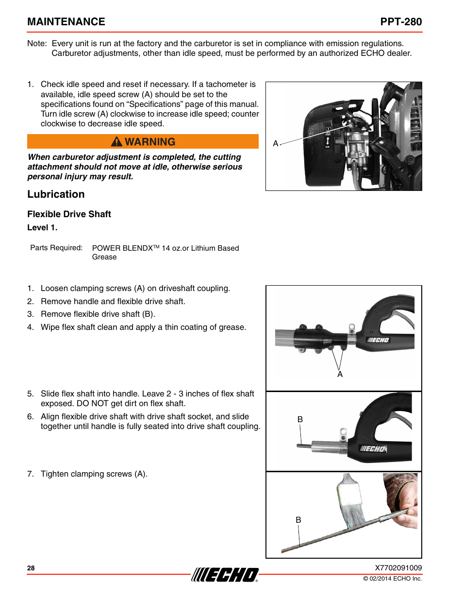 Lubrication, Flexible drive shaft, Maintenance ppt-280 | Echo PPT-280 Serial E08612005942 - E08612999999 User Manual | Page 28 / 40