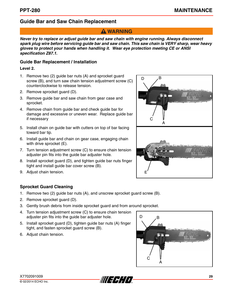 Guide bar and saw chain replacement, Guide bar replacement / installation, Sprocket guard cleaning | Ppt-280 maintenance | Echo PPT-280 Serial E08612005942 - E08612999999 User Manual | Page 29 / 40