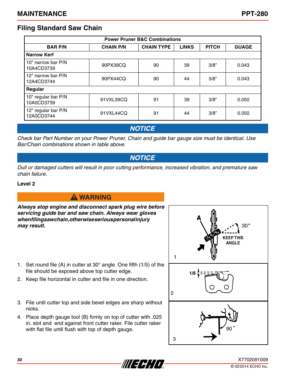 Filing standard saw chain, Maintenance ppt-280 filing standard saw chain | Echo PPT-280 Serial E08612005942 - E08612999999 User Manual | Page 30 / 40