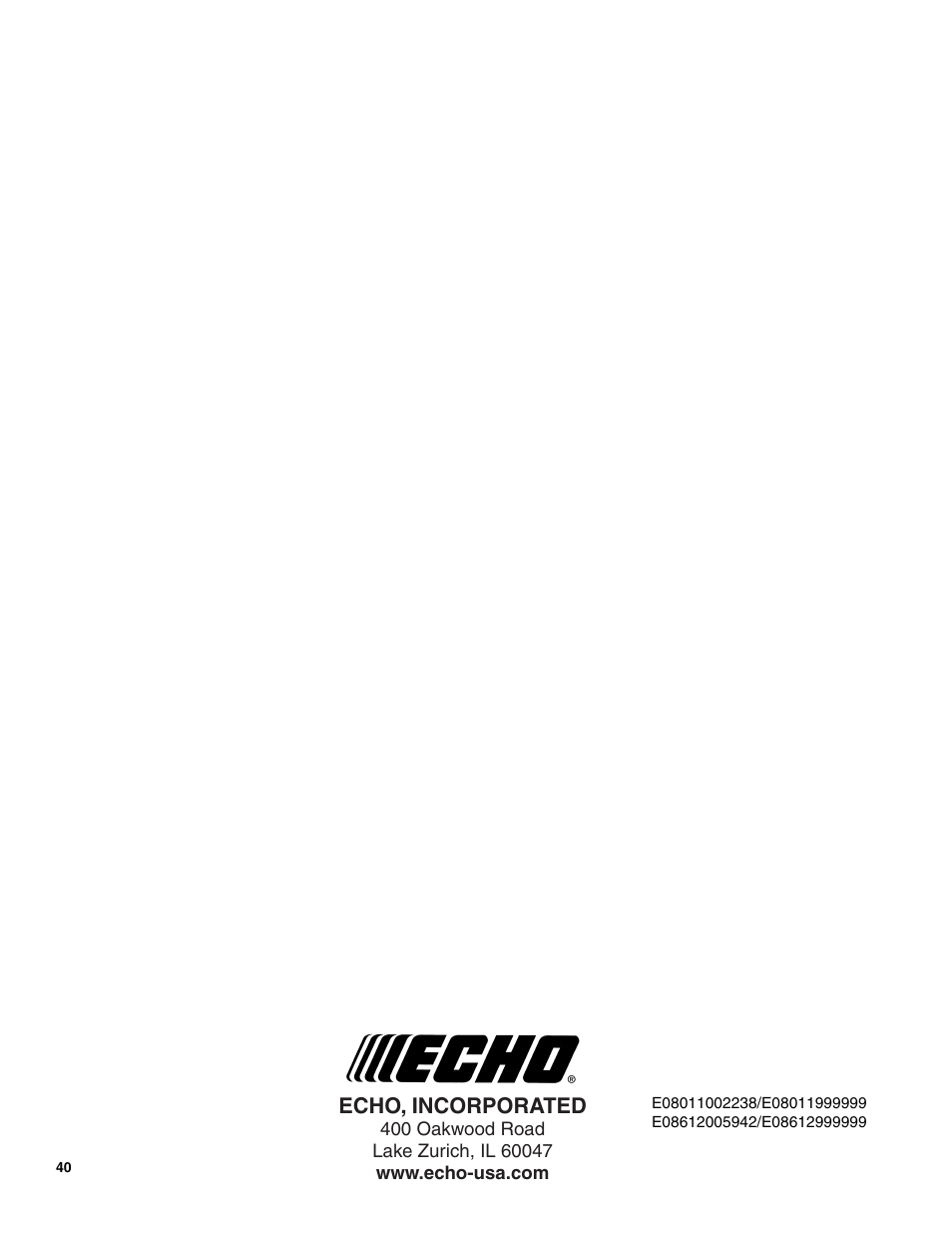 Echo, incorporated | Echo PPT-280 Serial E08612005942 - E08612999999 User Manual | Page 40 / 40