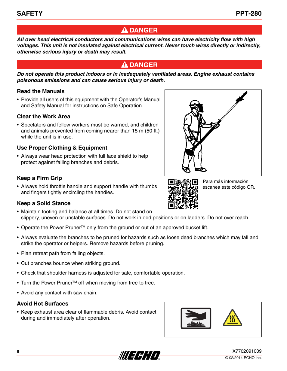 Read the manuals, Clear the work area, Use proper clothing & equipment | Keep a firm grip, Keep a solid stance, Avoid hot surfaces, Safety ppt-280 | Echo PPT-280 Serial E08612005942 - E08612999999 User Manual | Page 8 / 40