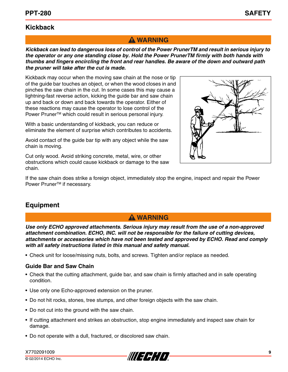 Kickback, Equipment, Guide bar and saw chain | Kickback equipment, Ppt-280 safety | Echo PPT-280 Serial E08612005942 - E08612999999 User Manual | Page 9 / 40