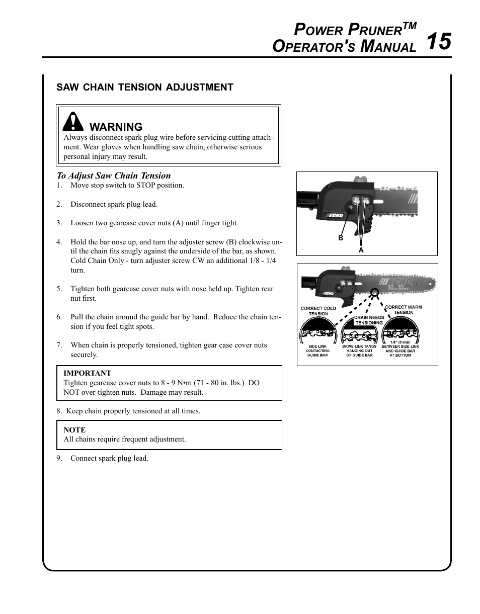 Saw chain tension adjustment, Ower, Runer | Perator, Anual | Echo PPT-280 Serial E08612001001 - E08612005941 User Manual | Page 15 / 40