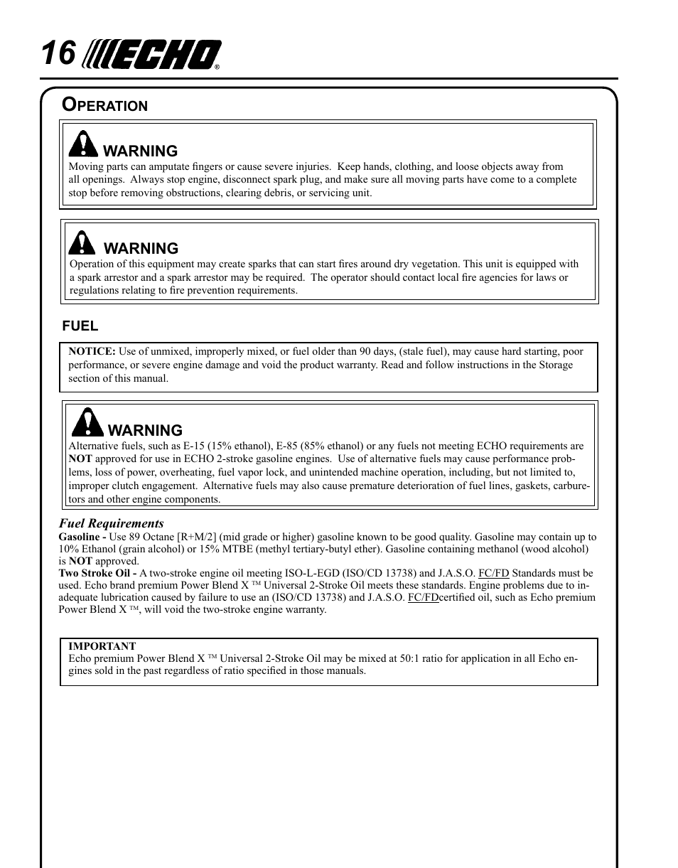 Operation, Fuel, Warning | Echo PPT-280 Serial E08612001001 - E08612005941 User Manual | Page 16 / 40
