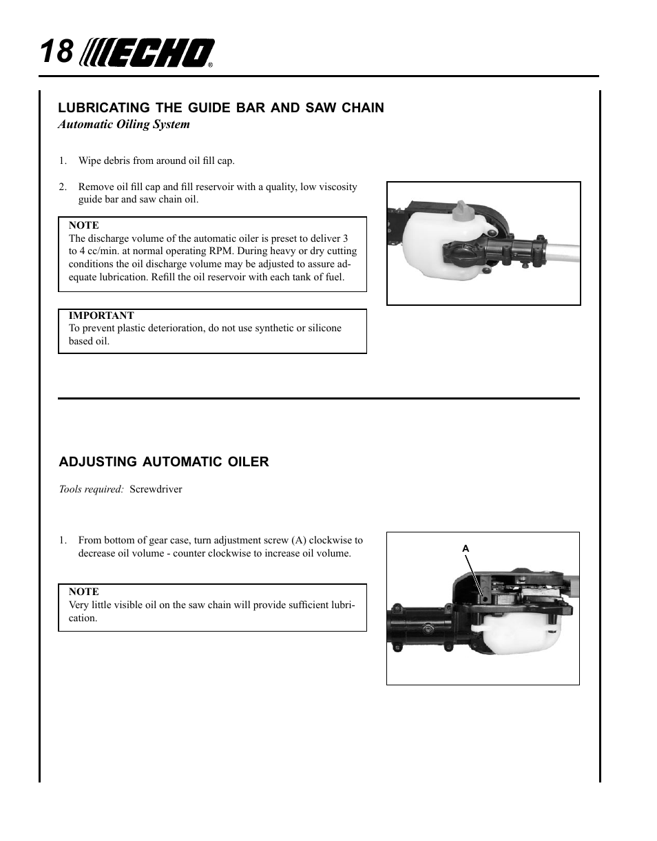 Lubricating the guide bar and saw chain, Adjusting automatic oiler | Echo PPT-280 Serial E08612001001 - E08612005941 User Manual | Page 18 / 40