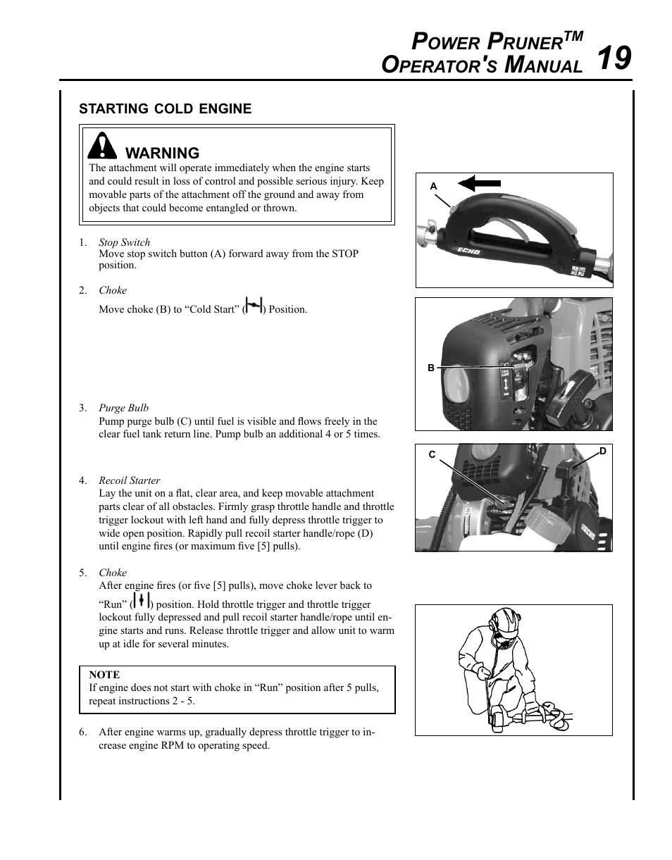 Starting cold engine, Ower, Runer | Perator, Anual | Echo PPT-280 Serial E08612001001 - E08612005941 User Manual | Page 19 / 40