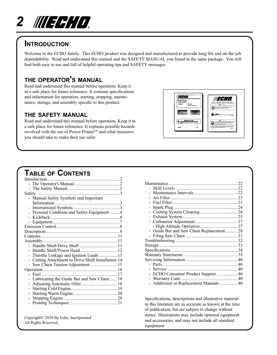 Echo PPT-280 Serial E08612001001 - E08612005941 User Manual | Page 2 / 40