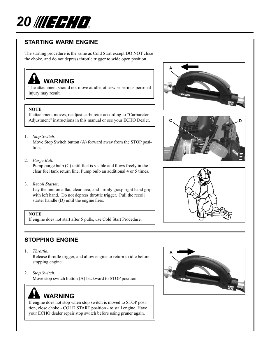Starting warm engine, Stopping engine, Warning | Echo PPT-280 Serial E08612001001 - E08612005941 User Manual | Page 20 / 40