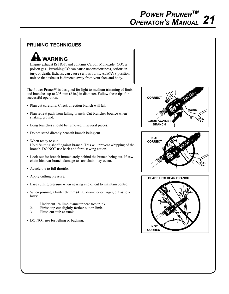 Pruning techniques, Ower, Runer | Perator, Anual | Echo PPT-280 Serial E08612001001 - E08612005941 User Manual | Page 21 / 40