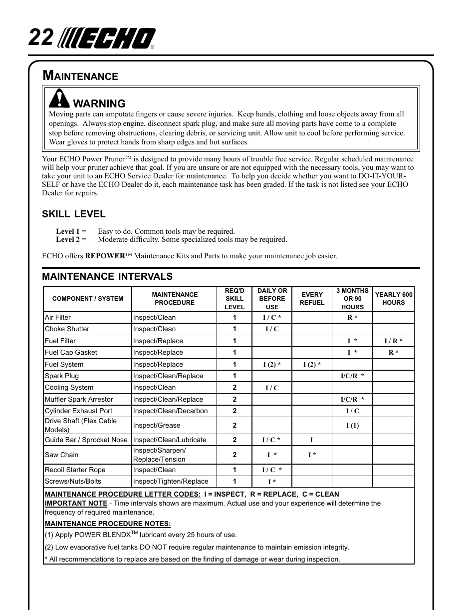 Maintenance, Warning, Skill | Level, Intervals, Aintenance | Echo PPT-280 Serial E08612001001 - E08612005941 User Manual | Page 22 / 40