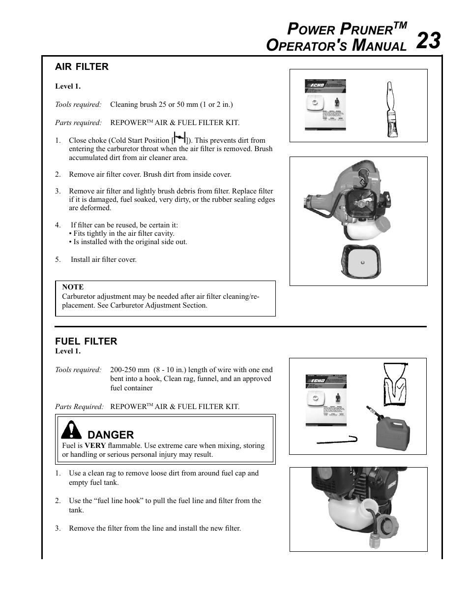 Air filter, Fuel filter, Ower | Runer, Perator, Anual | Echo PPT-280 Serial E08612001001 - E08612005941 User Manual | Page 23 / 40