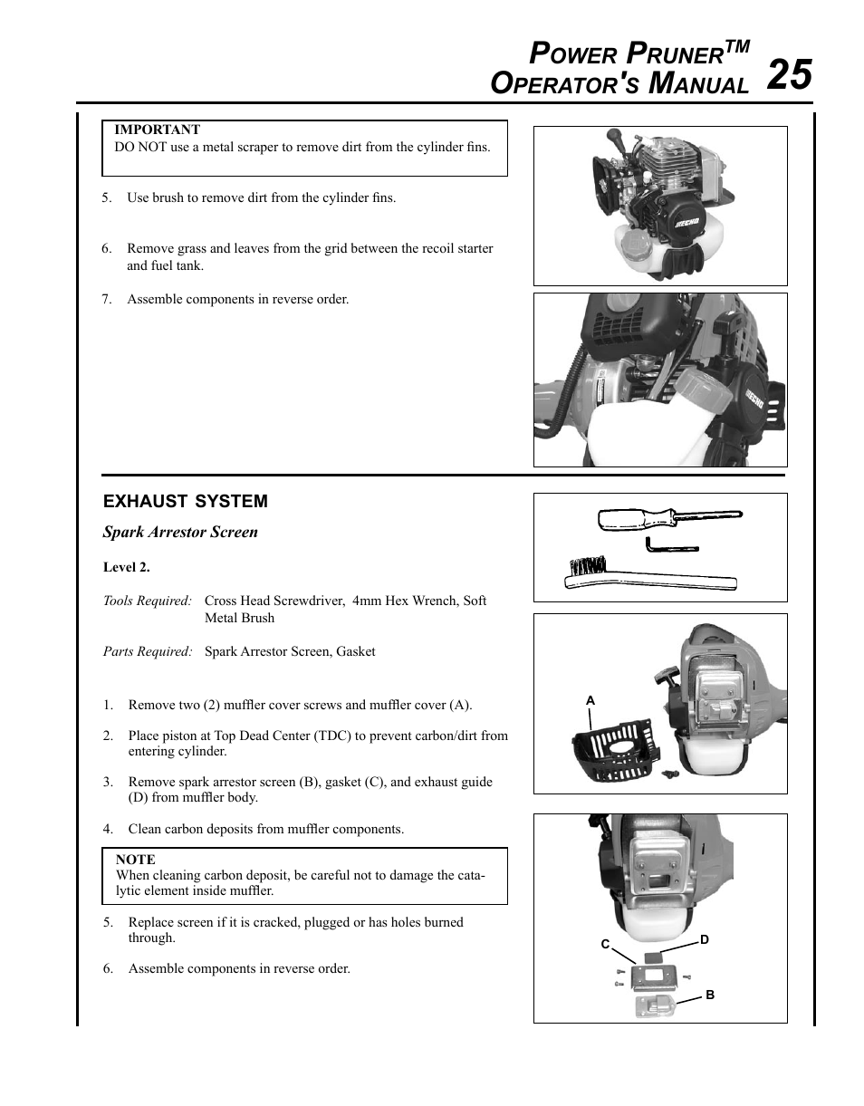 Exhaust system, Ower, Runer | Perator, Anual | Echo PPT-280 Serial E08612001001 - E08612005941 User Manual | Page 25 / 40