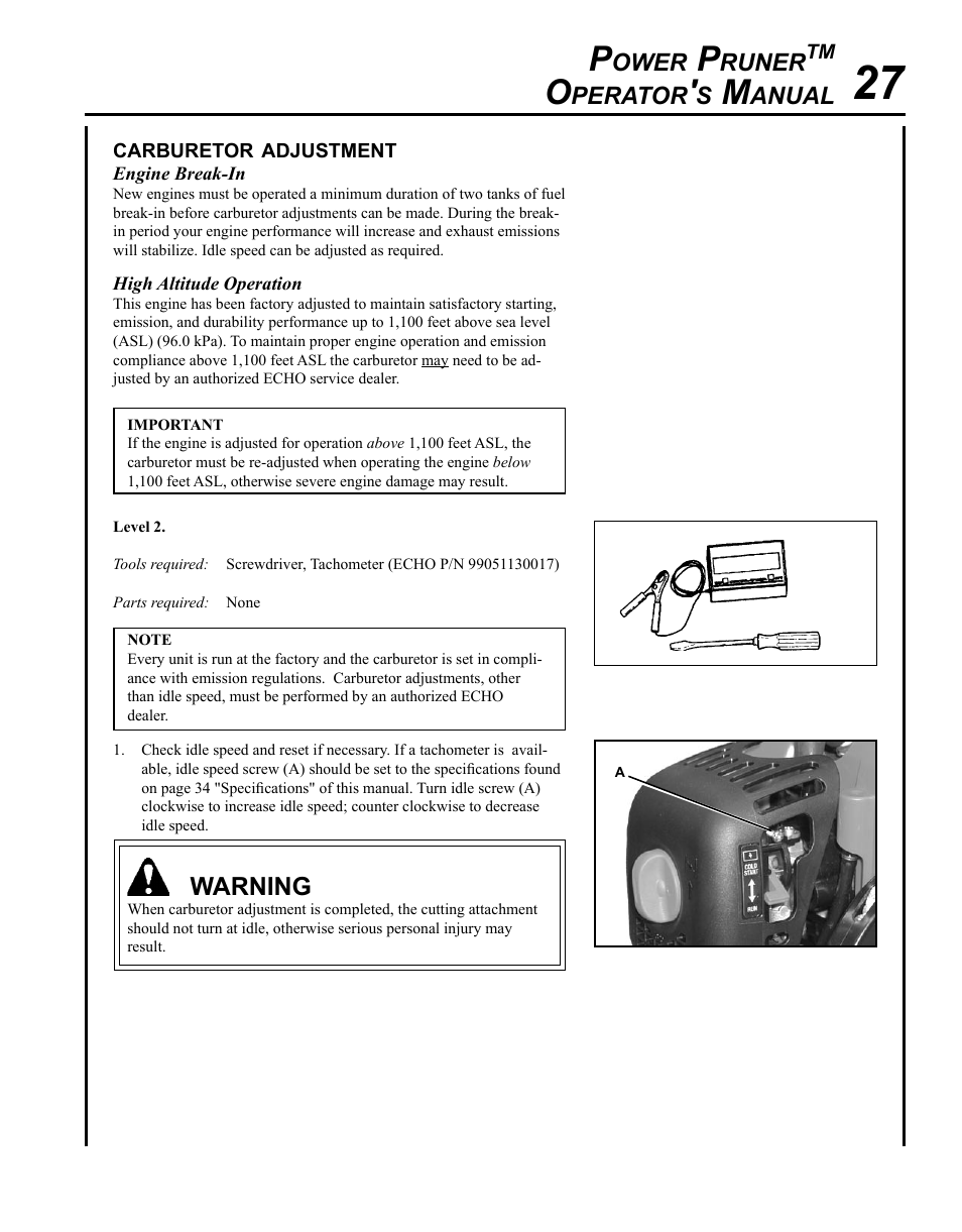 Carburetor adjustment, Ower, Runer | Perator, Anual, Warning | Echo PPT-280 Serial E08612001001 - E08612005941 User Manual | Page 27 / 40