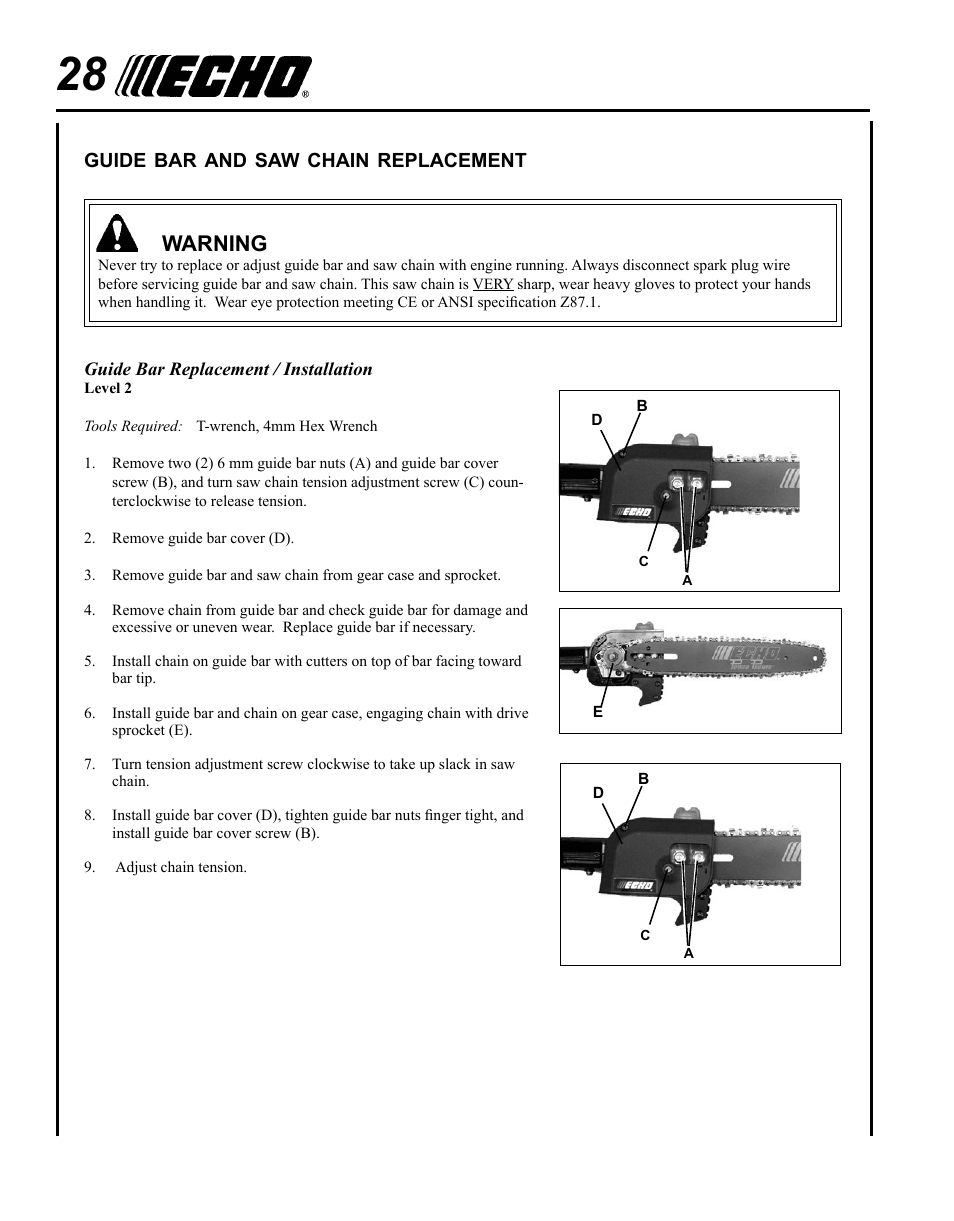 Guide bar and saw chain replacement | Echo PPT-280 Serial E08612001001 - E08612005941 User Manual | Page 28 / 40