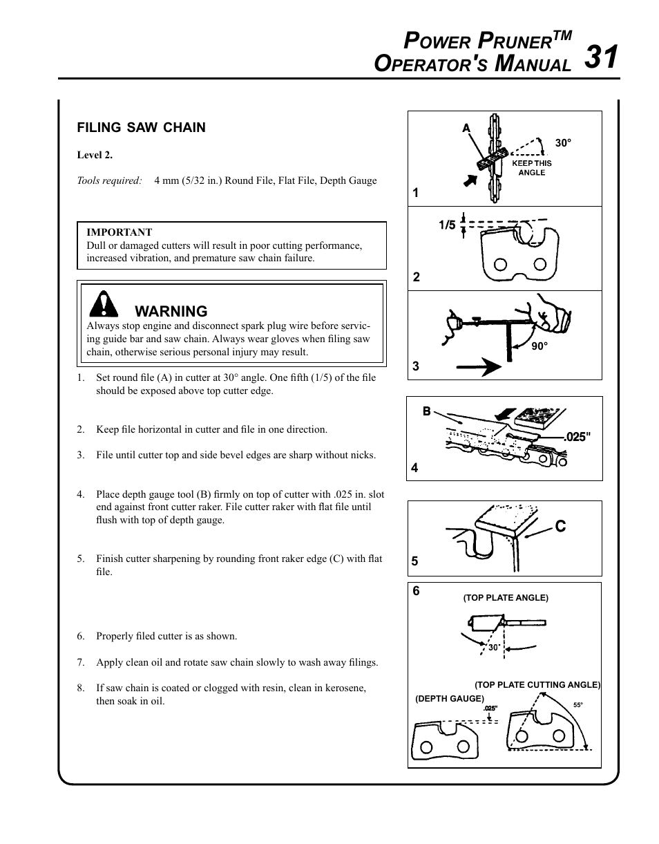 Filing saw chain, Ower, Runer | Perator, Anual | Echo PPT-280 Serial E08612001001 - E08612005941 User Manual | Page 31 / 40