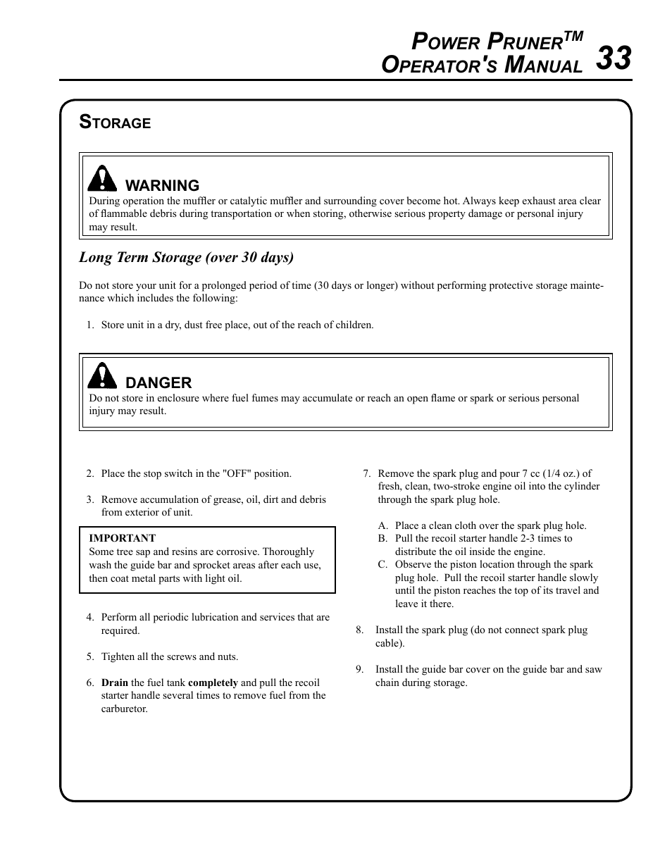 Storage, Ower, Runer | Perator, Anual | Echo PPT-280 Serial E08612001001 - E08612005941 User Manual | Page 33 / 40