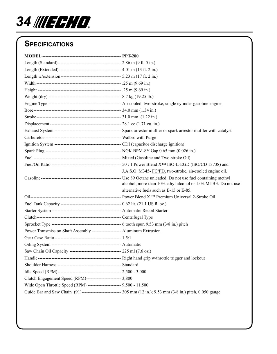 Specifications | Echo PPT-280 Serial E08612001001 - E08612005941 User Manual | Page 34 / 40