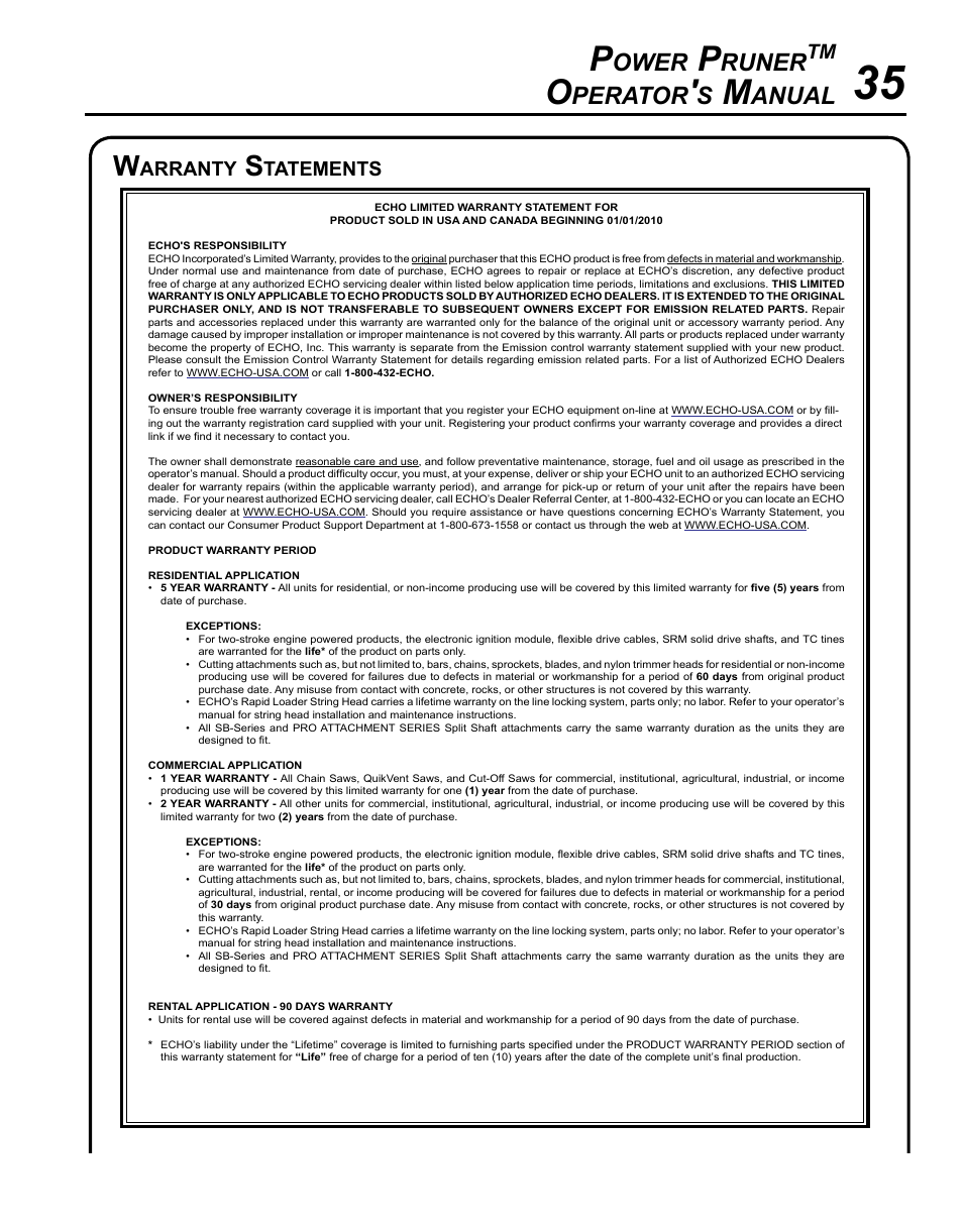 Warranty statements, Ower, Runer | Perator, Anual, Arranty, Tatements | Echo PPT-280 Serial E08612001001 - E08612005941 User Manual | Page 35 / 40