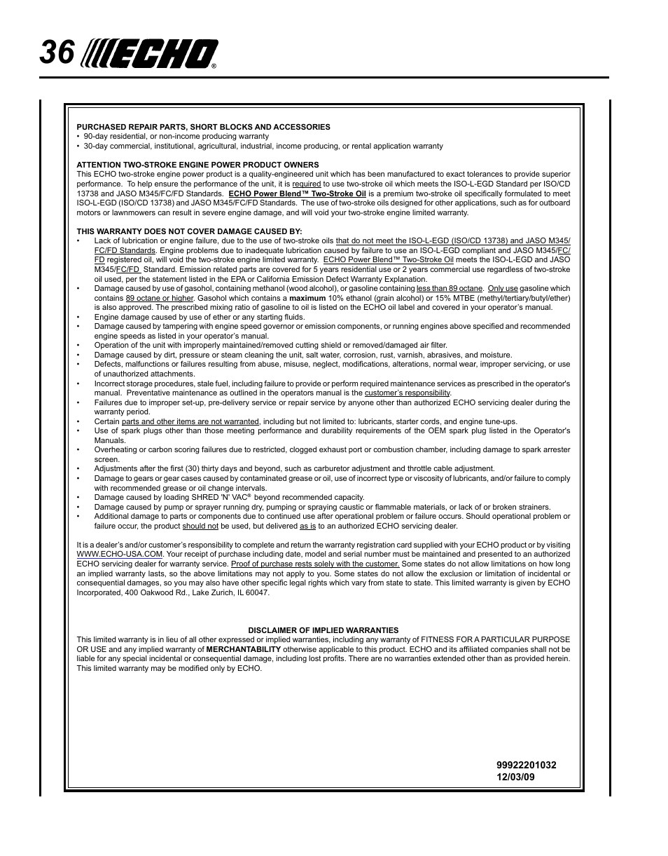 Echo PPT-280 Serial E08612001001 - E08612005941 User Manual | Page 36 / 40