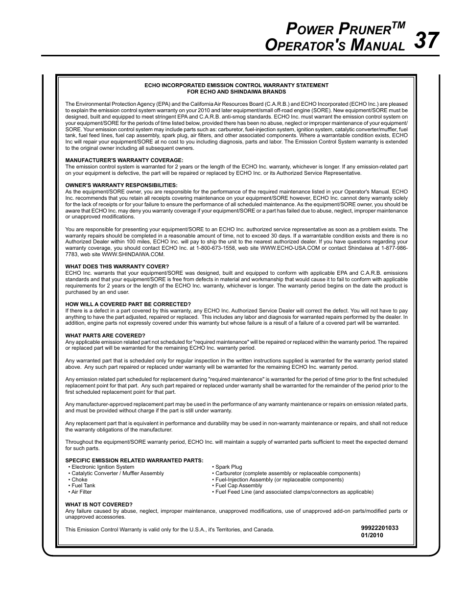 Ower, Runer, Perator | Anual | Echo PPT-280 Serial E08612001001 - E08612005941 User Manual | Page 37 / 40