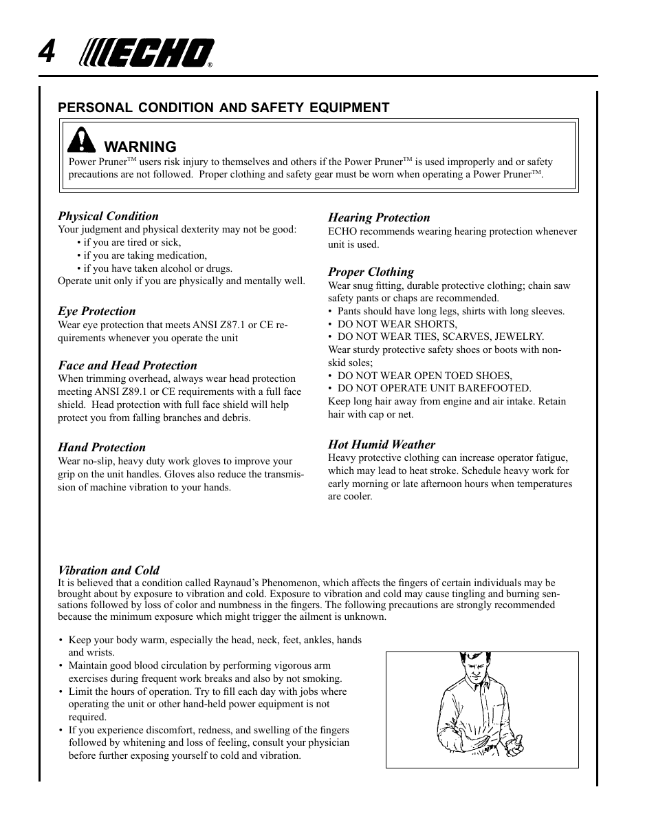 Warning | Echo PPT-280 Serial E08612001001 - E08612005941 User Manual | Page 4 / 40