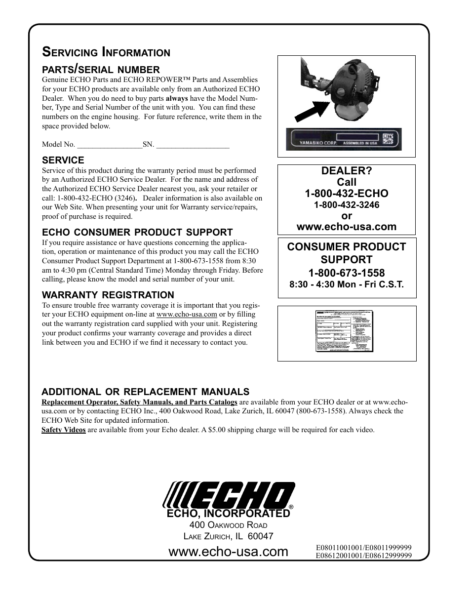 Servicing information | Echo PPT-280 Serial E08612001001 - E08612005941 User Manual | Page 40 / 40