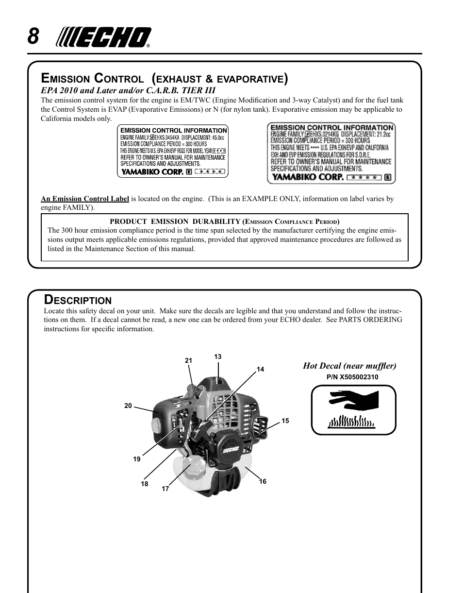 Emission control (exhaust & evaporative), Description | Echo PPT-280 Serial E08612001001 - E08612005941 User Manual | Page 8 / 40
