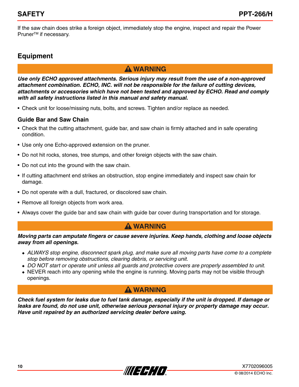 Equipment, Guide bar and saw chain, Safety ppt-266/h | Echo PPT-266H User Manual | Page 10 / 40