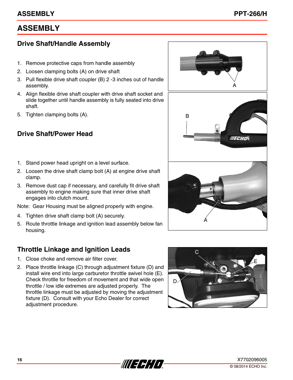 Assembly, Drive shaft/handle assembly, Drive shaft/power head | Throttle linkage and ignition leads, Assembly ppt-266/h | Echo PPT-266H User Manual | Page 16 / 40