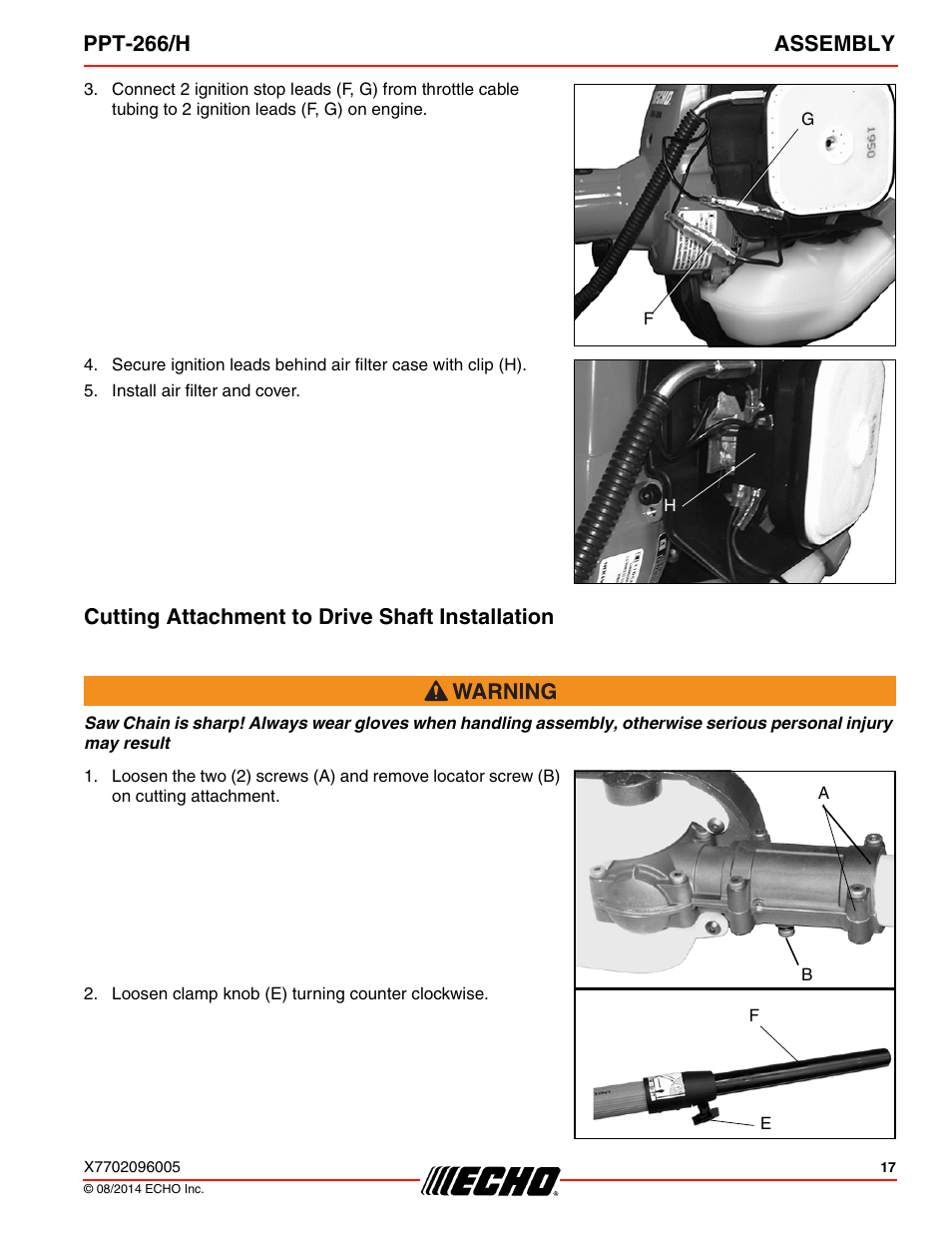 Cutting attachment to drive shaft installation, Ppt-266/h assembly | Echo PPT-266H User Manual | Page 17 / 40
