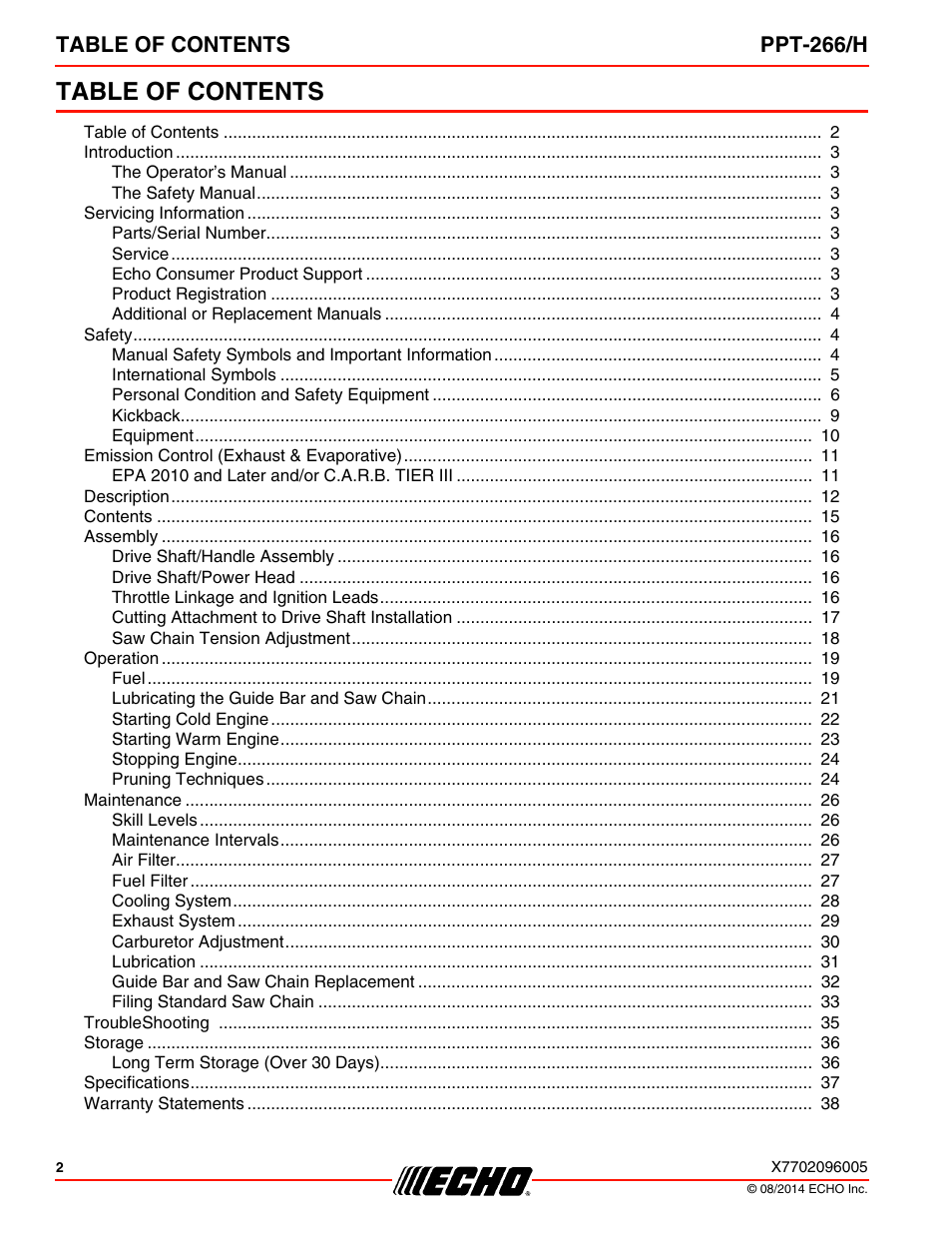 Echo PPT-266H User Manual | Page 2 / 40