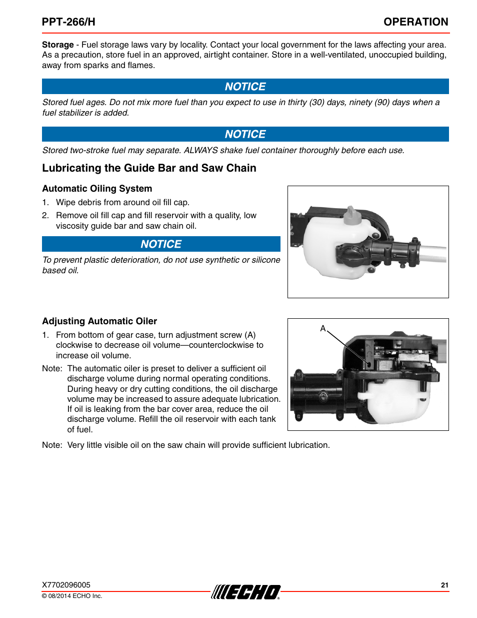 Lubricating the guide bar and saw chain, Automatic oiling system, Adjusting automatic oiler | Ppt-266/h operation | Echo PPT-266H User Manual | Page 21 / 40