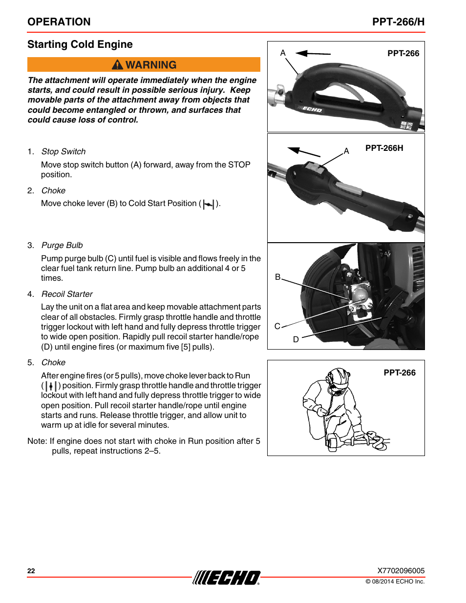 Starting cold engine, Operation ppt-266/h starting cold engine | Echo PPT-266H User Manual | Page 22 / 40