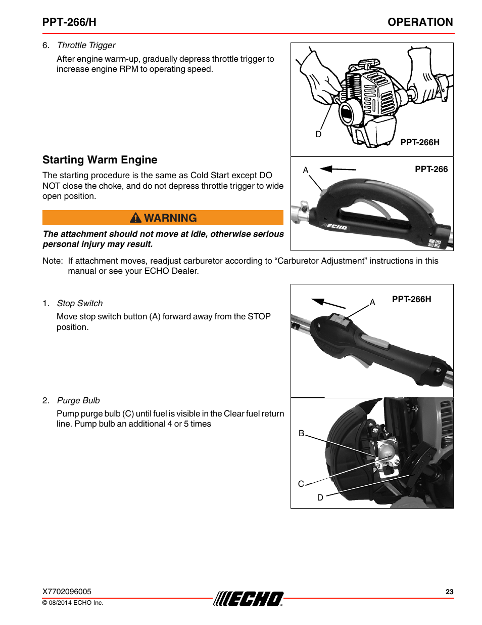 Starting warm engine, Ppt-266/h operation | Echo PPT-266H User Manual | Page 23 / 40