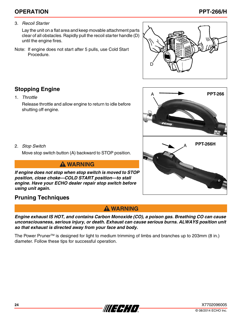 Stopping engine, Pruning techniques, Stopping engine pruning techniques | Operation ppt-266/h | Echo PPT-266H User Manual | Page 24 / 40