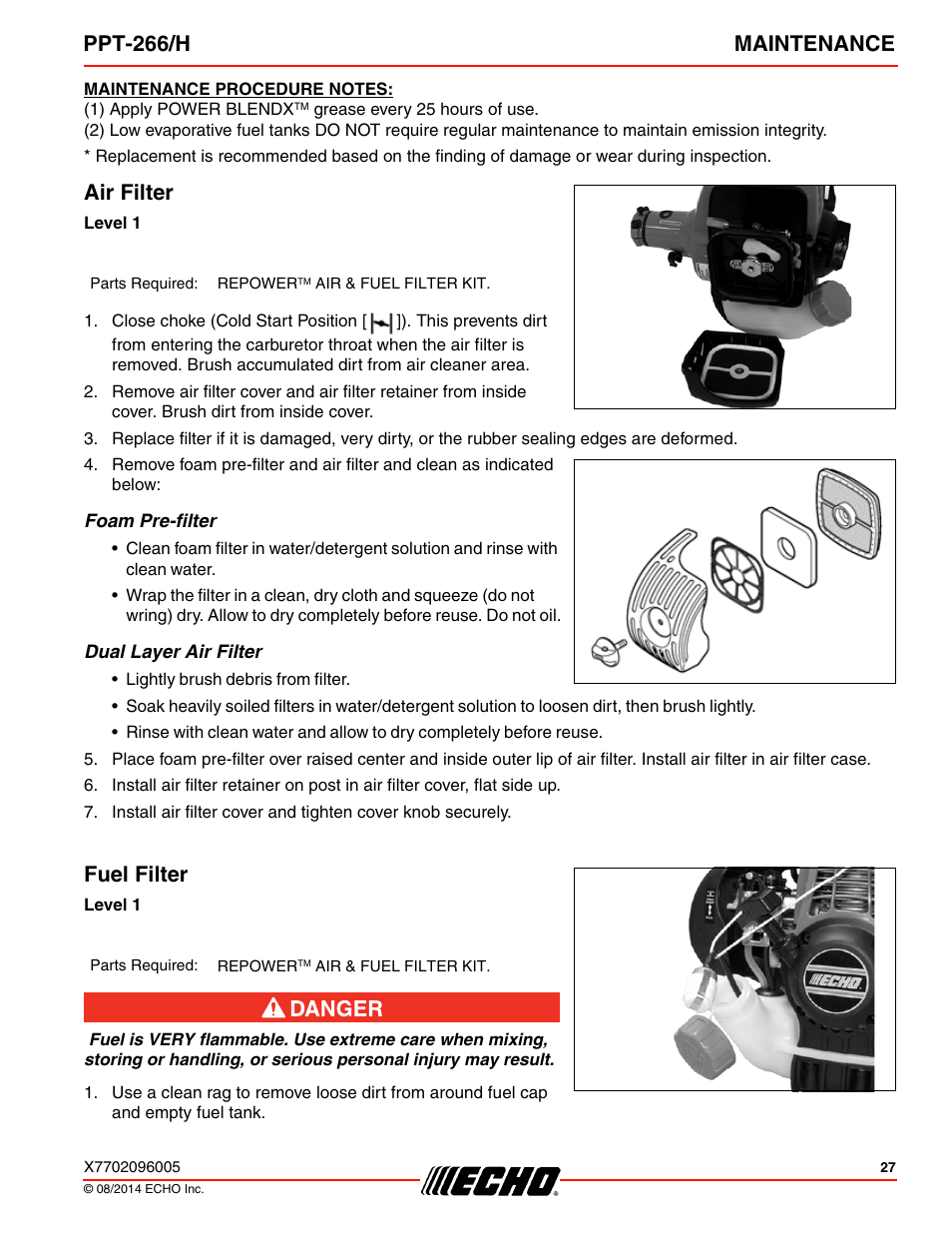 Air filter, Foam pre-filter, Dual layer air filter | Fuel filter, Air filter fuel filter, Ppt-266/h maintenance | Echo PPT-266H User Manual | Page 27 / 40