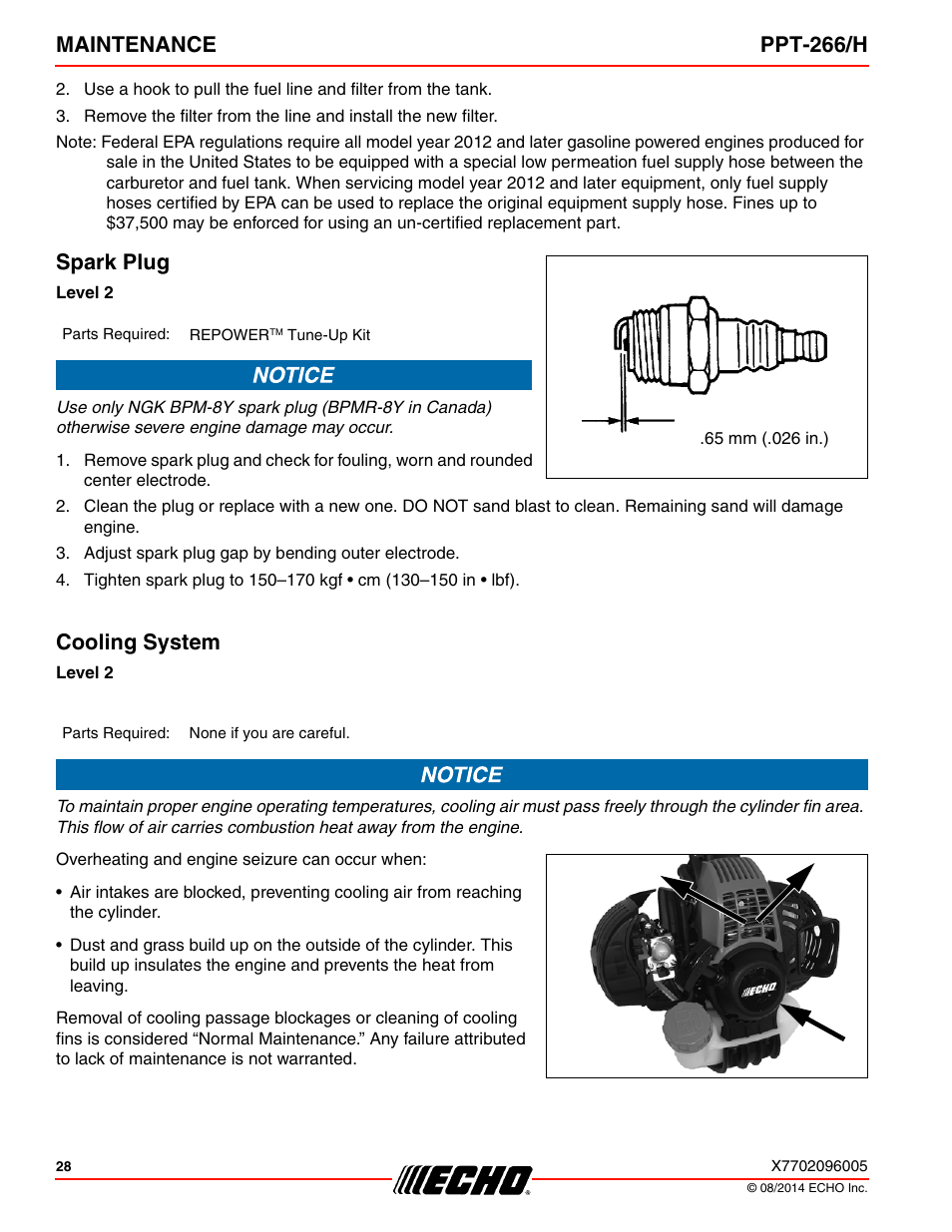 Spark plug, Cooling system, Maintenance ppt-266/h | Echo PPT-266H User Manual | Page 28 / 40