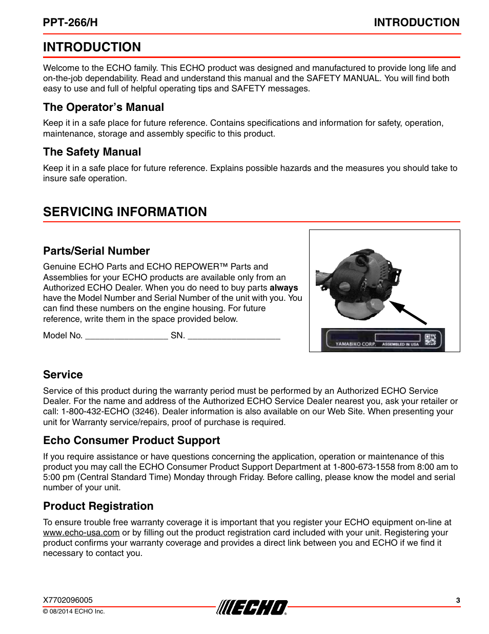 Introduction, The operator’s manual, The safety manual | Servicing information, Parts/serial number, Service, Echo consumer product support, Product registration, The operator’s manual the safety manual | Echo PPT-266H User Manual | Page 3 / 40