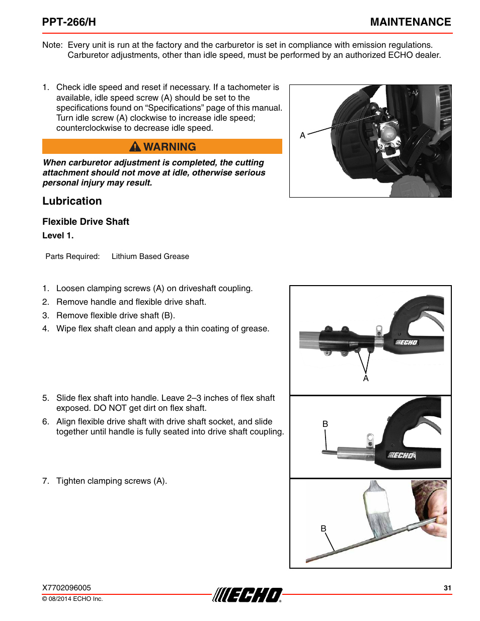 Lubrication, Flexible drive shaft, Ppt-266/h maintenance | Echo PPT-266H User Manual | Page 31 / 40