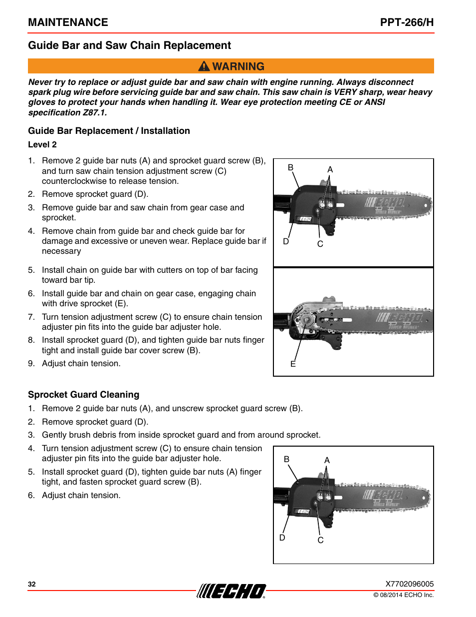 Guide bar and saw chain replacement, Guide bar replacement / installation, Sprocket guard cleaning | Echo PPT-266H User Manual | Page 32 / 40